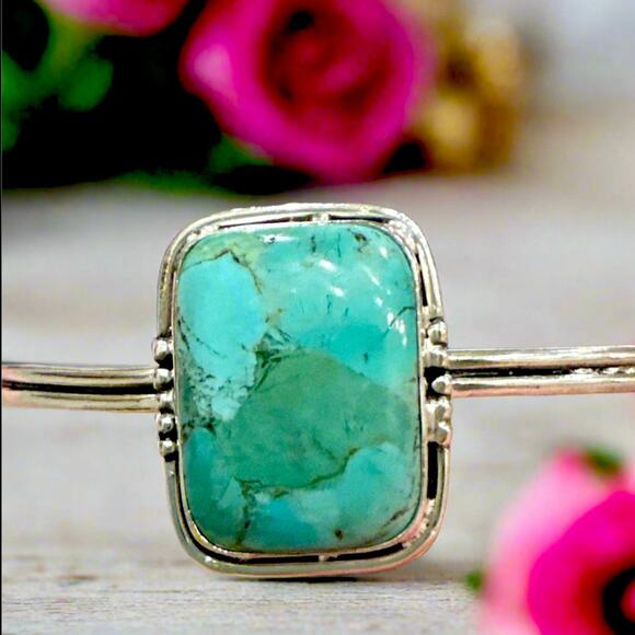 Square Green/Blue Turquoise Cuff 925 Silver Bracelet 1” Adjustable - Picture 2 of 7